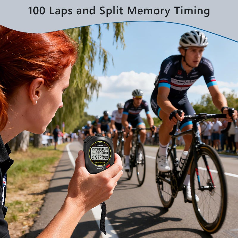 PULIVIA ساعة توقيت رياضية PULIVIA مع ذاكرة تقسيم 100 لفة، ساعة توقيت رقمية، مؤقت عد تنازلي، وضع سرعة، ساعة 12/24، تقويم مع منبه، شاشة كبيرة ثلاثية الصفوف، مقاومة للماء، بطارية مشمولة - Image 4